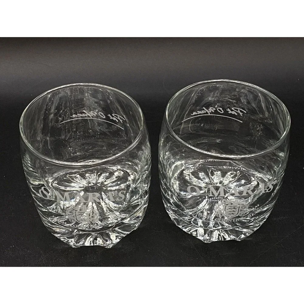 O'Mara’s Irish Country Cream Glass Lot 2 Rocks Glasses Etched Logo Pat O'Mara